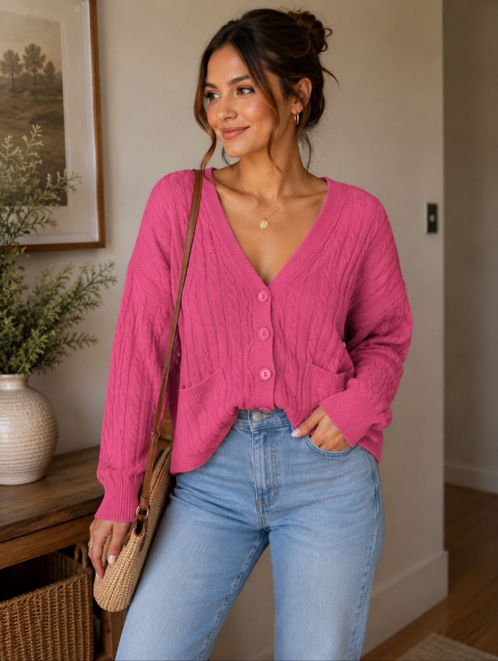 Universal knits Bright Pink Cable Knit Cardigan – Cozy Button Front Sweater